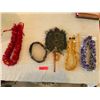 Image 1 : Hawaiian Peacock Lei Po`o and Feather Band, Peacock Feather Fan, and 3 Colorful Yarn Lei