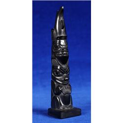 Haida Argillite Totem Carved with Shark and Bear by Pat Dixon 5 5/8" H. 1 1/4" W. Base  Good Conditi