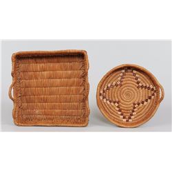 Two Salish Basketry Trays; Round 8 1/2" W. and Square 9 3/4" W.  Both in Good Condition