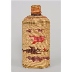 Nuu-chah-nulth Basketry Covered Bottle with Beaver, Whale and Bird Design 8 1/4" H. 3 3/4" W.  Good 