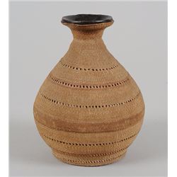 Finely Woven Nuu-chah-nulth Basketry Covered Chinese Pottery Wine Bottle 6 1/2" H. 5" D.  Good Condi