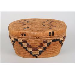 Salish Lidded Oval Shaped Basket with Imbricated Design 10" L. 7" W. 5" H.  Good Condition
