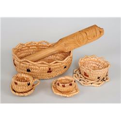 Two Pairs of Basketry Cup and Saucer Sets 3 1/2" W., Two Salish Baskets with Crenulated Rims 8" W. a