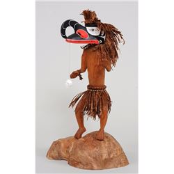 Heiltsuk Cannibal Dancer with Articulated Crooked Beak Mask 14 1/2" H. 8" W. Base  Good Condition