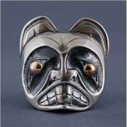 Northwest Coast Silver Bear Pendant with Gold Eyes 1 3/4" H. 1 1/2" W.  Good Condition
