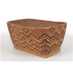 Lillooet Coiled Basket with Imbricated Chevron Design 12 1/2" L. 9 1/2" W. 6 1/2" H. Fair Condition