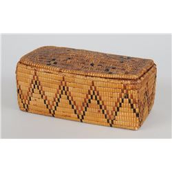 Salish Fully Imbricated Lidded Basket with Chevron Design 9" L. 5" W. 4" H.  Fair Condition