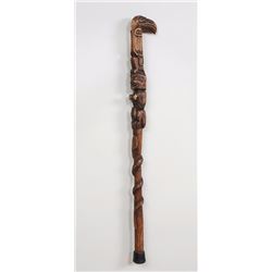 Northwest Coast Cane Carved with Raven, Beaver and Lightning Snake Signed R.T. 31" H.  Good Conditio