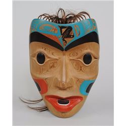 Haida Mask of a Woman with Labret by Randy Pryce and Jaada Hoanas and Has Bite on Back of Mask 8" H.