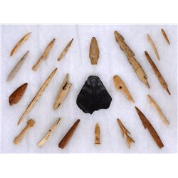 20 Aleut Bone and Antler Artifacts 1 1/4" - 5 1/2" and a Slate Scraper with Incised Scene 3" L. WILL