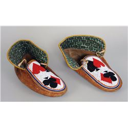 Pair of Plains Beaded Moccasins with Gambling Card Motif 10" L.  Good Condition