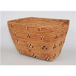 Salish Burden Basket with Imbricated Design 19" L. 14" W. 13" H.  Fair Condition