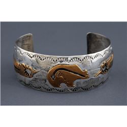 Navajo Silver and Gold Bracelet with Bear Design by Tommy Singer 6" L. 1" W. 1 1/2" W. Gap  Good Con