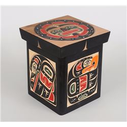 Kwakwaka'wakw Bent Wood Box with Carved and Painted Raven and Eagle Design by L.D. Scow 6 3/4" Sq. 8