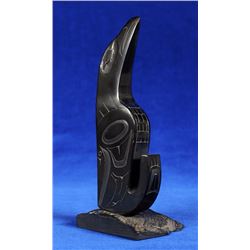 Haida Argillite Raven Carved by Hector Thompson 1976  6 3/4" H. 2 1/2" W. Base  Good Condition