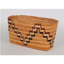 Salish Basket with Imbricated Design 14 1/2" L. 8 1/2" W. 7 1/2" H.  Good Condition
