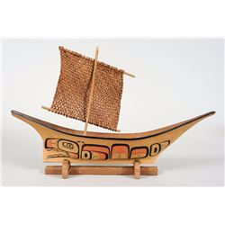 Northwest Coast Canoe with Painted Whale Design and Cedar Bark Sail 21 3/4" L. 14" H.  Good Conditio