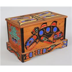 Northwest Coast Carved and Painted Chest with Butterfly, Killer Whale and Frog Design 24" L. 14" W. 