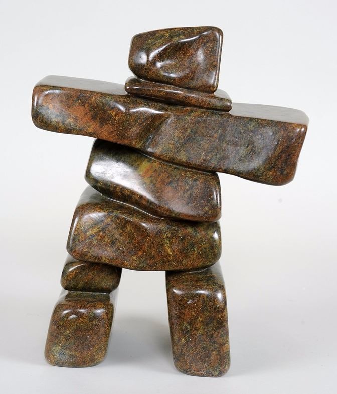 Inuit Soapstone Carving of an Inukshuk Signed Iyak 14" L. 10 1/2" H