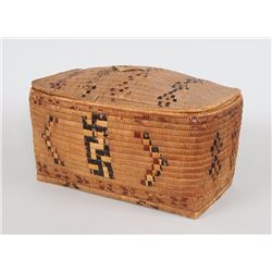 Fraser River Humpback Basket with Whirling Log Design 18" L. 11" W. 9 1/2" H.  Fair Condition