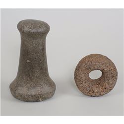 Northwest Coast Stone Maul 6" H. 3 1/2" W. and a Stone Net Sink 3" D.