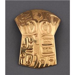 14K Gold Copper Shaped Pendant with Incised Eagle and Bear Design 16.4 GMS 2" H. 1 1/2" W.  Good Con