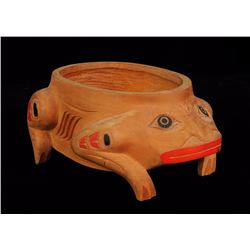 Northwest Coast Carved Yellow Cedar Frog Bowl Signed RAI 12" L. 8" W. 5" H.  Good Condition
