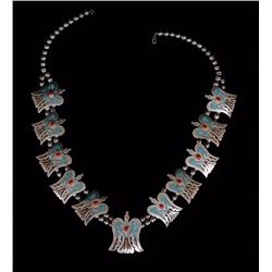Navajo Anhinga Silver Necklace with Eleven Inlaid Peyote Birds Medallions and 152 Hand Made Silver B