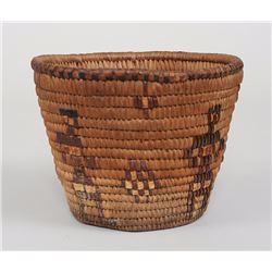 Coast Salish Basket with Imbricated Human Design 6 3/4" D. 5" H.  Good Condition with Stain