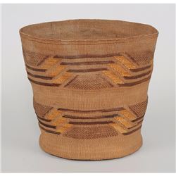Tlingit Spruce Root Basket with Geometric Design 8" D. 7 1/2" H.  Fair Condition