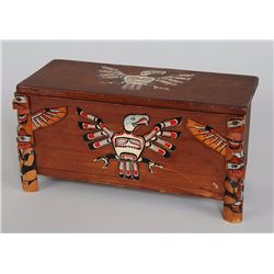 Northwest Coast Lidded Treasure Box with Two Totem Corners Attributed To George Nelson 14" L. 6" W. 