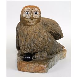 Inuit Soapstone Carving of an Owl with an Egg Signed Iyak SWA 960Q419  100 LBS 15" H. 14" W.  12" De