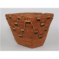 Salish Burden Basket with Imbricated Design 11" L. 9" W. 8 1/2" H.  Good Condition Minor Rim Loss