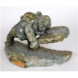 Inuit Soapstone Carving of a Drum Dancer Signed Iyak 18" L. 10" H. 7" W.  Good Condition