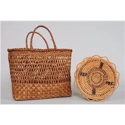 Northwest Coast Cedar Bark Gathering Basket 21" H. 7" W. and a Basketry Coaster with Crenulated Rim 
