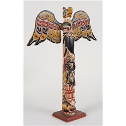Kwakiutl Totem with Thunderbird, Bear and Human Between Two Sisiutl Carved by Dick Hawkins (1896-195