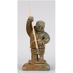 Inuit Soapstone Carving of a Hunter with Spear Signed Iyak 13" H. 6 1/2" W. 5" Deep  Good Condition