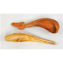 Northwest Coast Carved Wood Ladles with Raven Design 11 1/2" L. 3" W. and an Inuit Musk Ox Horn Ladl