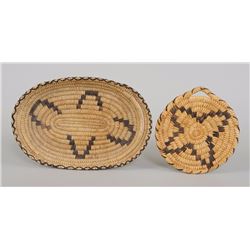 Two Papago Basketry Trays; Oval Shaped 12" L. 8 1/2" W. and Round 7 1/2" W.  Both in Good Condition