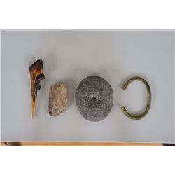 Basketry Awl 4 1/4" L., Stone Net Sink, Brass Bracelet and a Stone Adze 2 3/4" L..  Good Condition