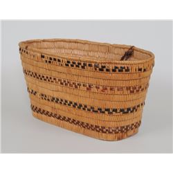 Salish Oval Shaped Basket with Imbricated Design 13 1/2" L. 6 3/4" W.  Fair Condition