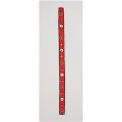 Beaded Belt with Geometric Design on Red Trade Cloth 38" L. 2" W.  Good Condition
