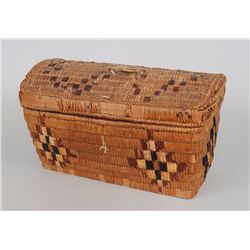 Salish Humpback Lidded Basket with Diamond Design 15 1/2" L. 7 1/2" W. 8 3/4" H.  As Is