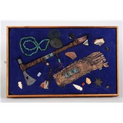 Frame of Assorted Native Related Items; Beaded Strike-A-Lite Pouch 11" L., Tomahawk 15" L., Arrowhea