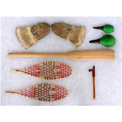 Frame of Miniature Items; Snowshoes 6 1/2" L., Beaded Mittens 4" L. and Catlinite Pipe with Wood Ste