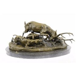 Signed Barye Elk Stag Is Attacked By Pack Of Wild Dogs Bronze Sculpture