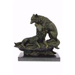 Large Signed Fratin Two Wolves Wolf Bronze Sculpture Marble Base