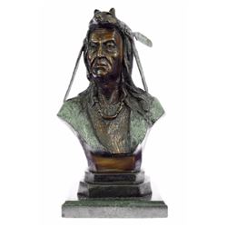 Native American Bust Bronze Sculpture Statue On Marble Base Figurine Western