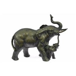 Signed Bugatti Elephant With Baby Wildlife Bronze Sculpture on Marble base
