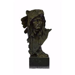 Signed Barye Native American Chief In Bear Headdress Bronze Sculpture